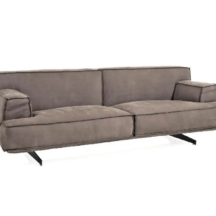 Elegant DV Home Collection Heritage sofa upholstered in muted taupe textile with dark metal feet and dark stitching