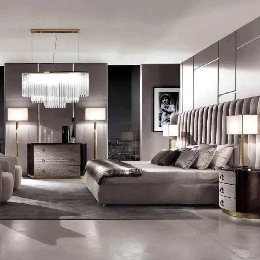 Superior DV Home Collection Hermes bed with soft gray textile upholstery and refined vertical quilting