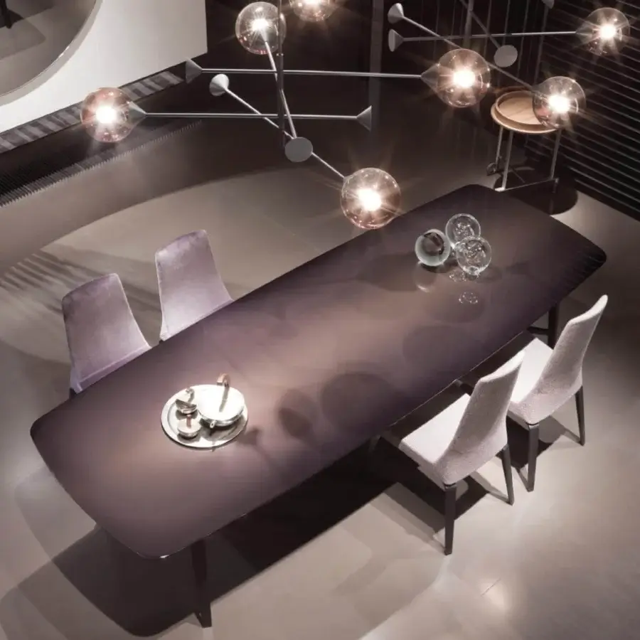 Elegant Giorgetti Blade table with wood top in neutral grey and hazelnut shades and polished striped finish