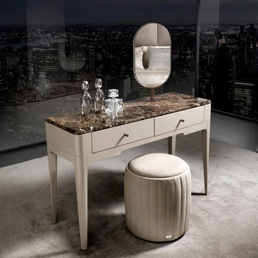 Exceptional Hermes ottoman crafted with beech wood and light beige textile upholstery with smooth matte finish