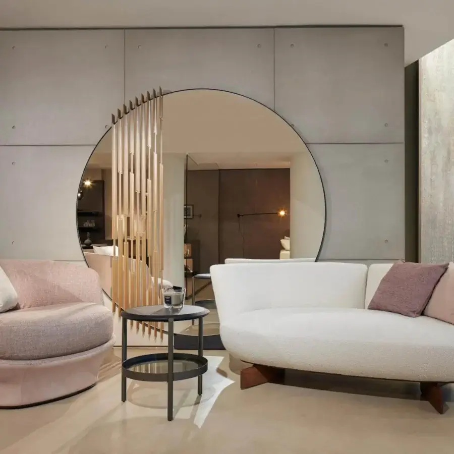 Distinguished Giorgetti Rift mirror with circular form, solid ash wood frame and bronze painted metal dividers