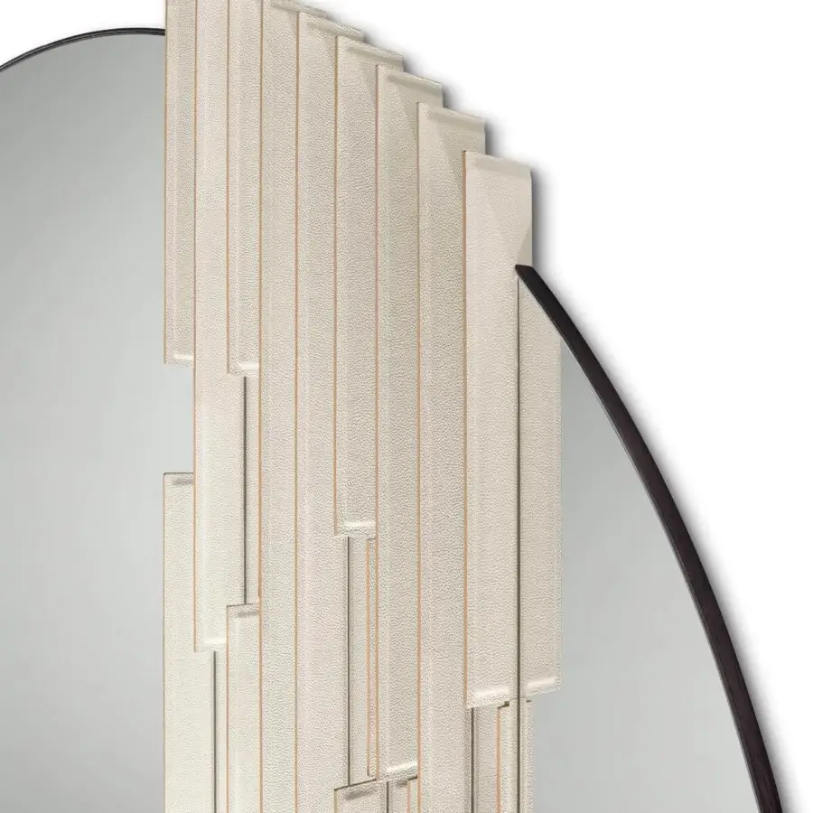 Exclusive Giorgetti Rift mirror with round reflective surface, solid ash wood frame and light cream textured leather dividers
