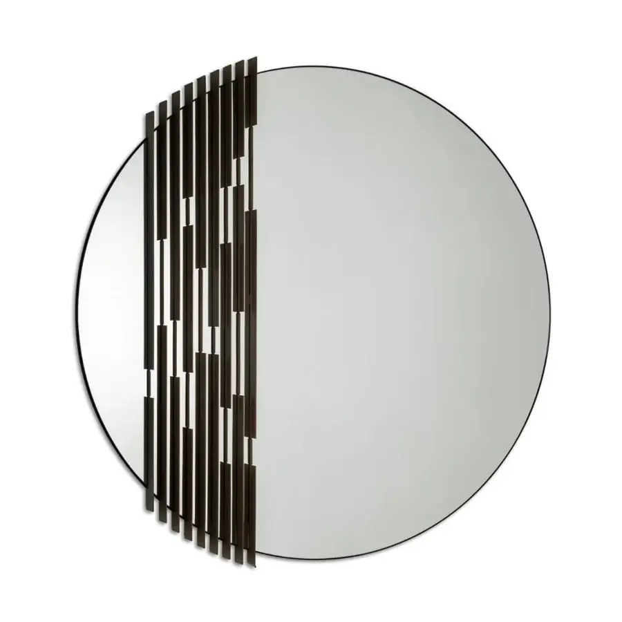 Superior Giorgetti Rift mirror with round form, solid ash wood frame and two-tone leather dividers