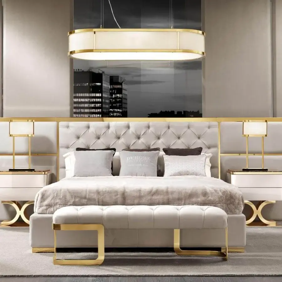 Superior DV Home Collection Chelsea bed with light beige textile upholstery, gold-toned metal accents and integrated side shelves