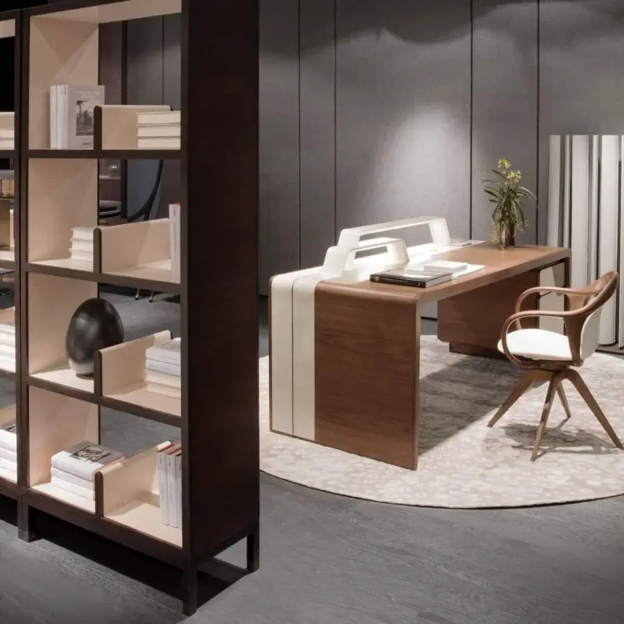 Sophisticated Giorgetti Alma desk crafted in Canaletto walnut with saddle leather and smooth medium-toned wood finish