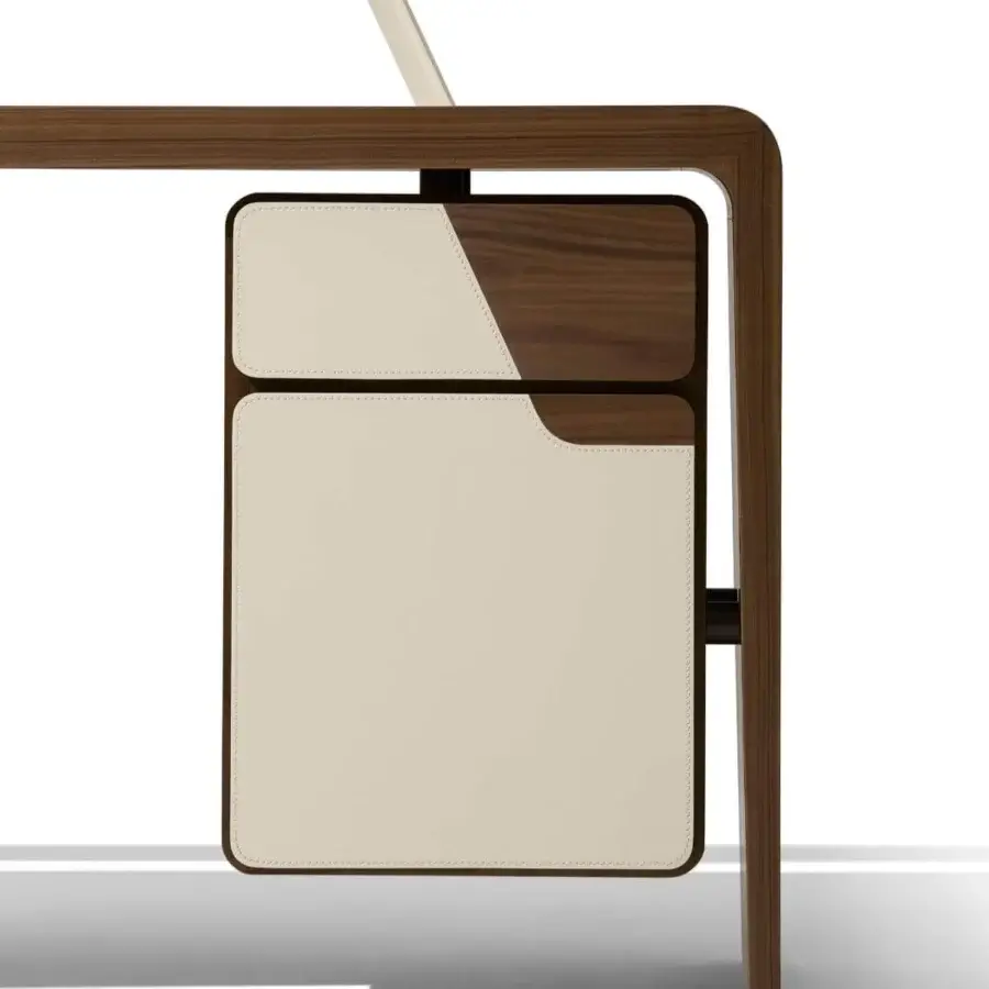 Distinguished Giorgetti Alma desk crafted in Canaletto walnut with saddle leather and a light-colored metal support