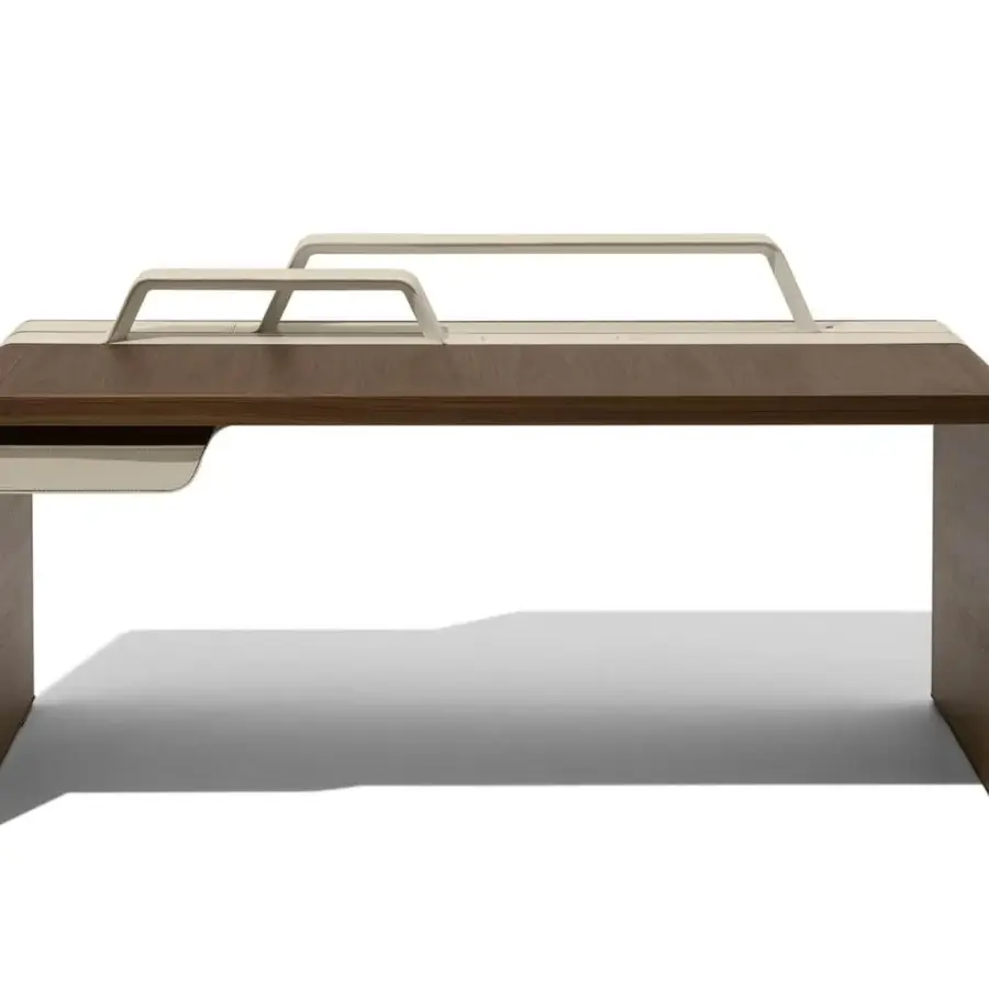 Elegant Giorgetti Alma desk crafted in Canaletto walnut with light beige details and smooth finish including integrated LED lighting