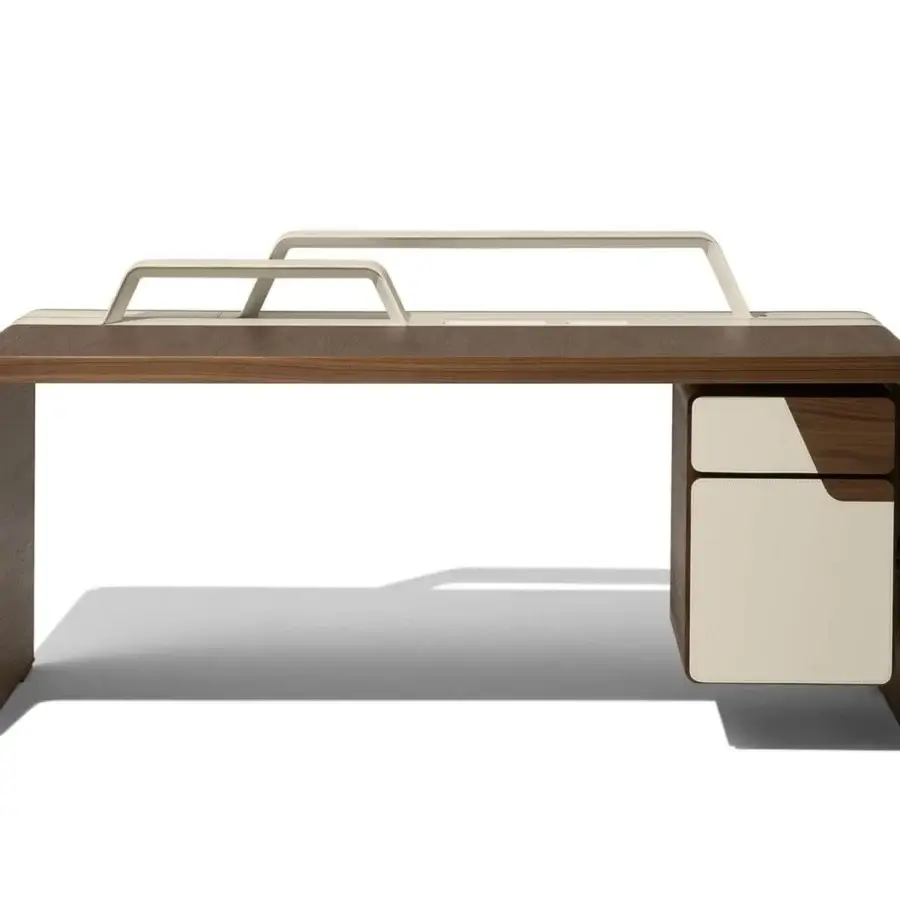 Exclusive Giorgetti Alma desk crafted in Canaletto walnut with saddle leather and integrated LED lighting