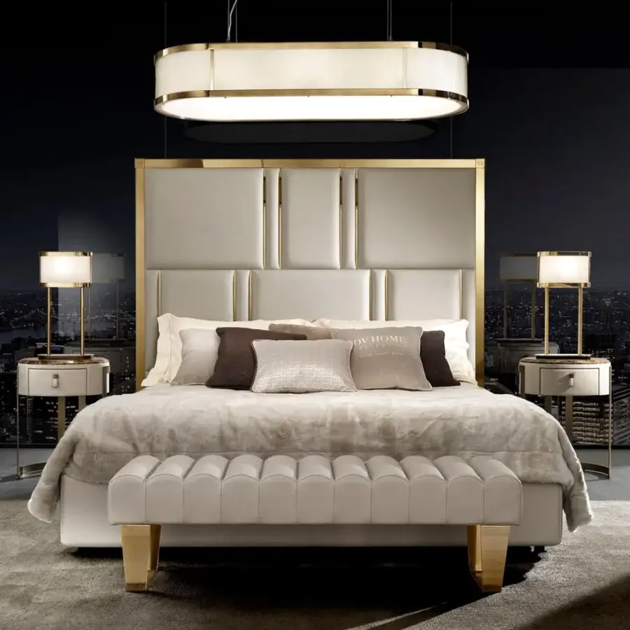 Distinguished DV Home Collection Deco bench with a light beige quilted fabric seat and glossy gold-toned steel legs