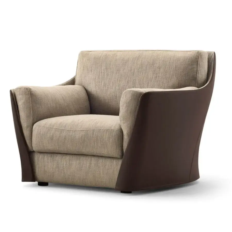 Superior Giorgetti Vittoria lounge chair in light beige textured fabric with dark brown leather accents