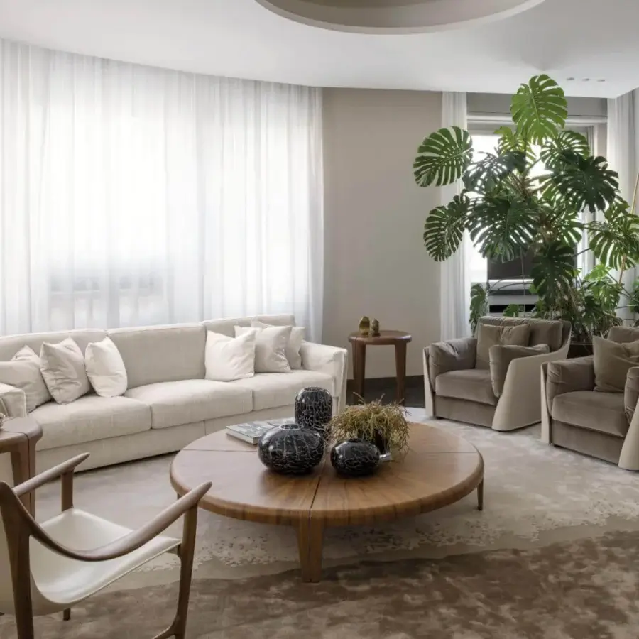 Exclusive Giorgetti Vittoria sofa in light beige textile with textured matte finish embodies contemporary style and comfortable goose down cushions