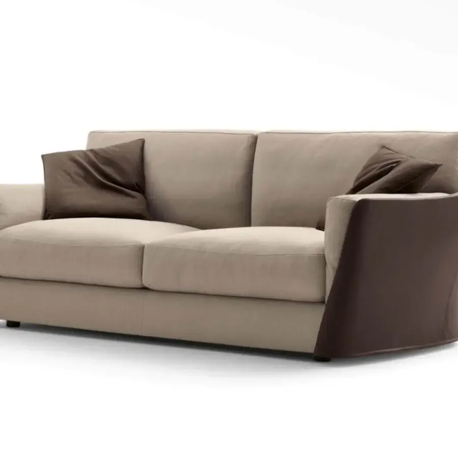 Superior Giorgetti Vittoria sofa in light beige textile with dark brown curved panels and goose down cushions