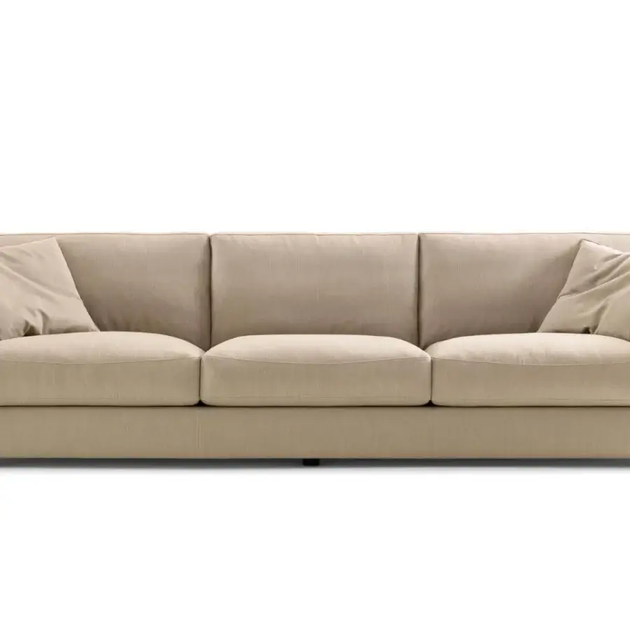 Distinguished Giorgetti Vittoria sofa crafted in light beige fabric with dark brown wood accents for exceptional comfort