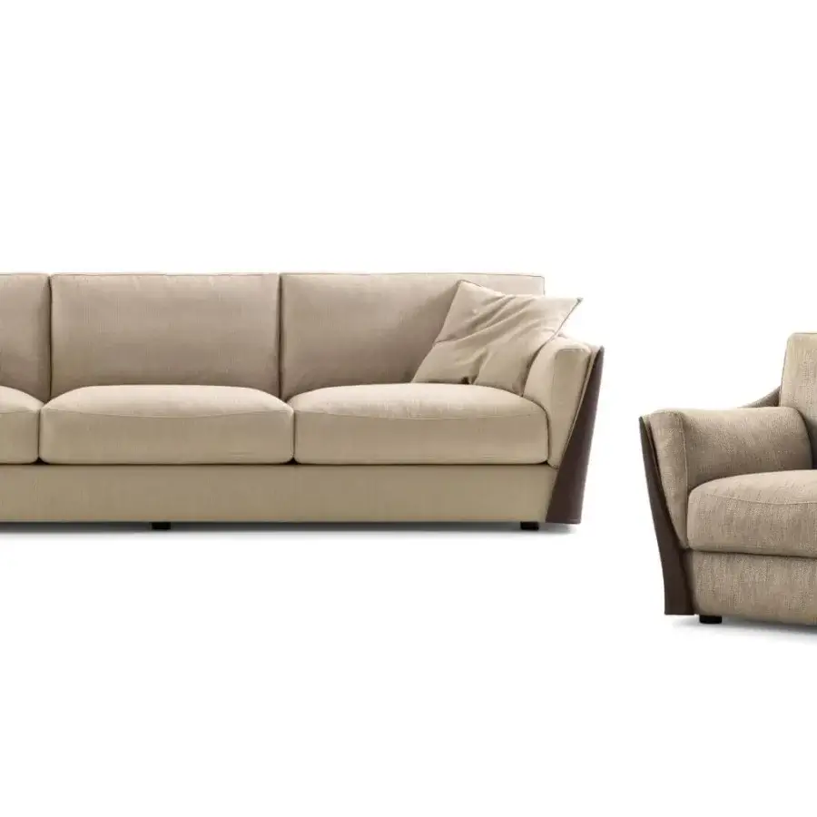 Exceptional Giorgetti Vittoria sofa with light beige woven textile and dark brown accents offering comfortable goose down cushions