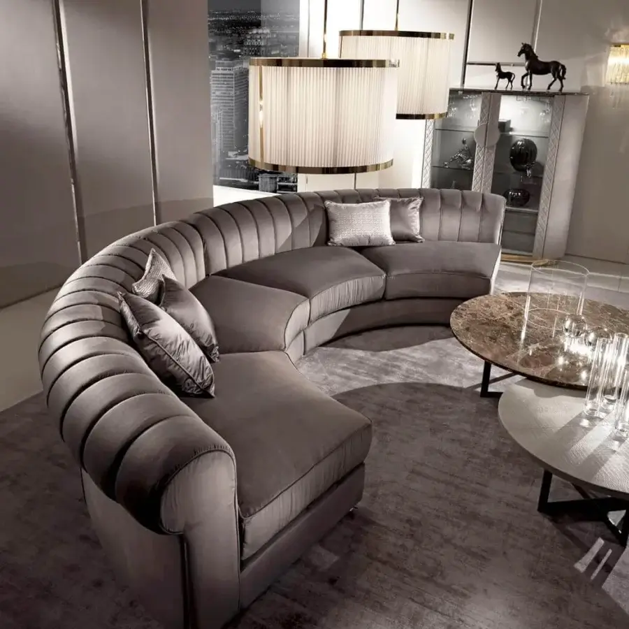 Superior DV Home Collection sofa crafted in Italy with plush goose feather cushions and smooth matte gray textile upholstery
