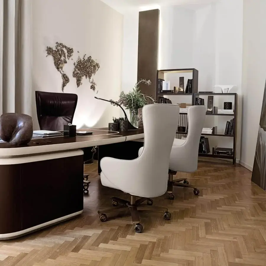 Distinguished Giorgetti Tycoon desk with a maple structure, dark brown finish and saddle leather inserts showcasing geometric detailing