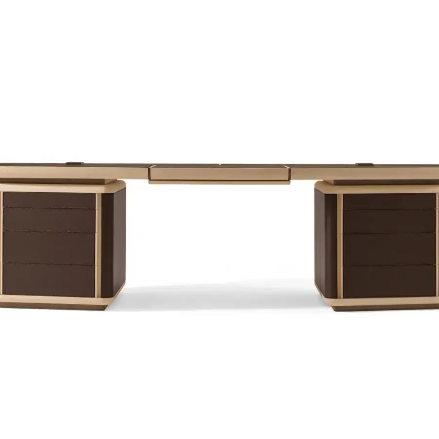 Elegant Giorgetti Tycoon desk with a maple top, saddle leather inserts and dark brown cabinet-like pedestals
