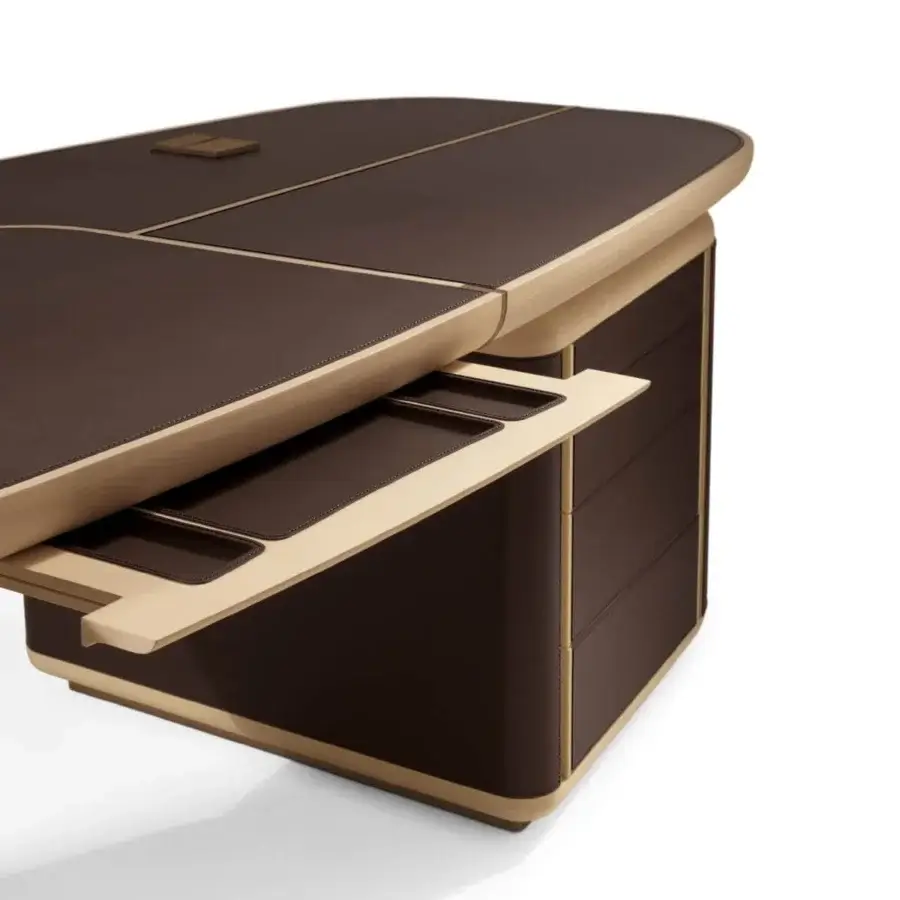 Distinguished Giorgetti Tycoon desk with a light maple structure and stitched brown saddle leather inserts