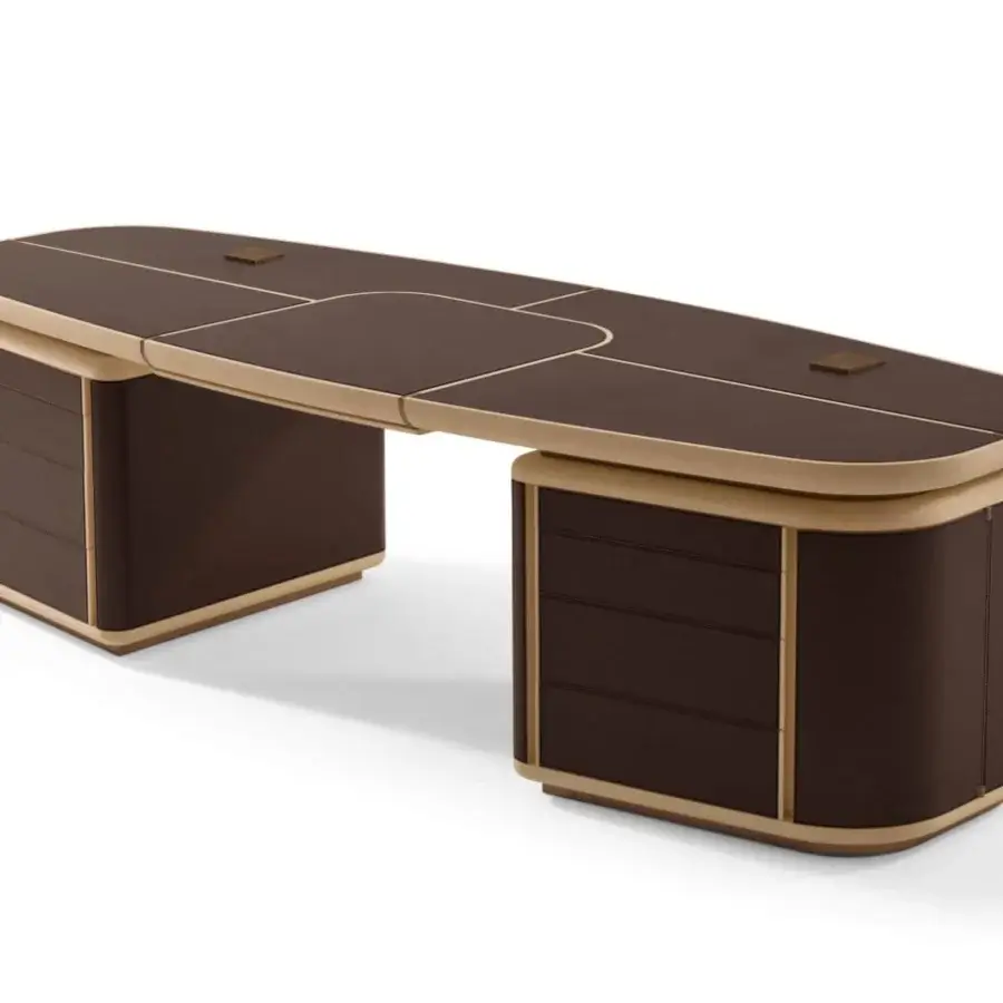 Superior Giorgetti Tycoon desk with a dark brown maple structure, saddle leather inserts and light sapele pommelle mahogany trim