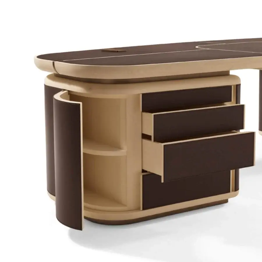 Elegant Giorgetti Tycoon desk with a light maple structure, rich brown saddle leather and sapele pommelle mahogany inserts
