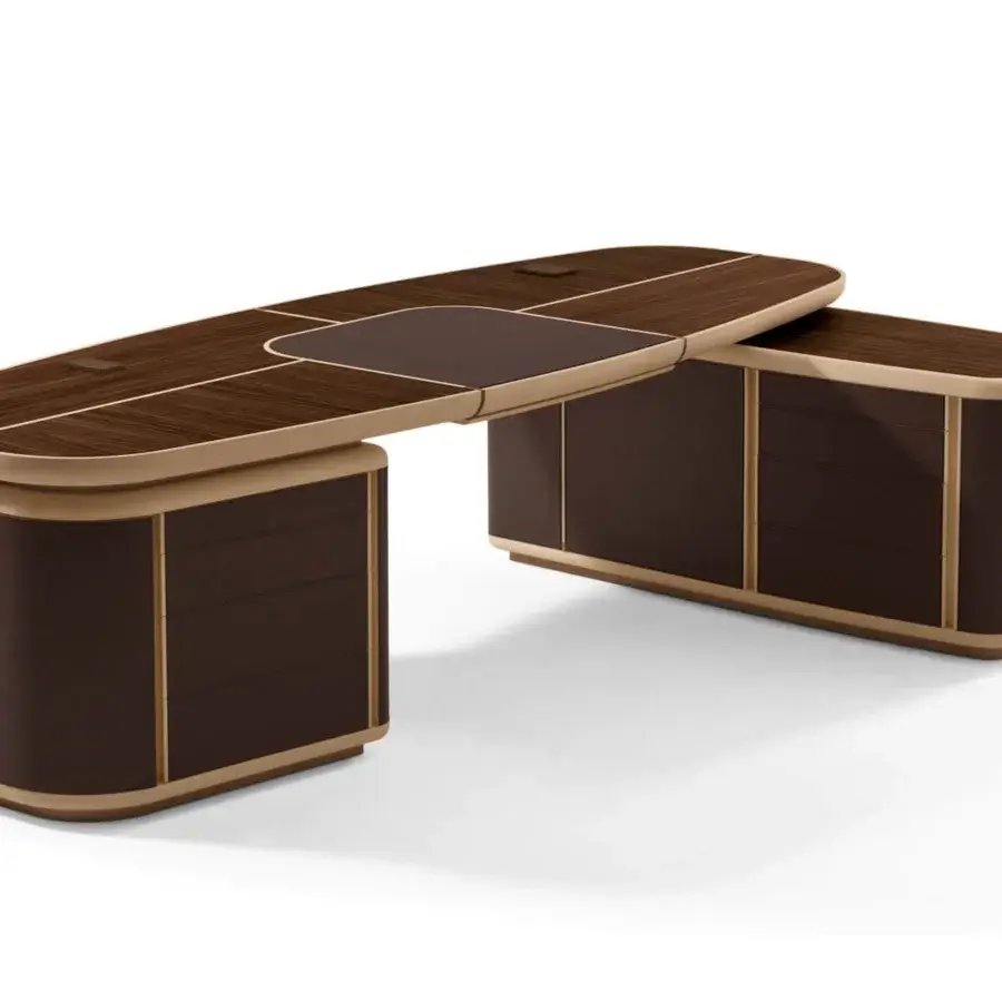 Distinguished Giorgetti Tycoon desk with a racetrack maple top and saddle leather inset, built with dark brown cabinetry