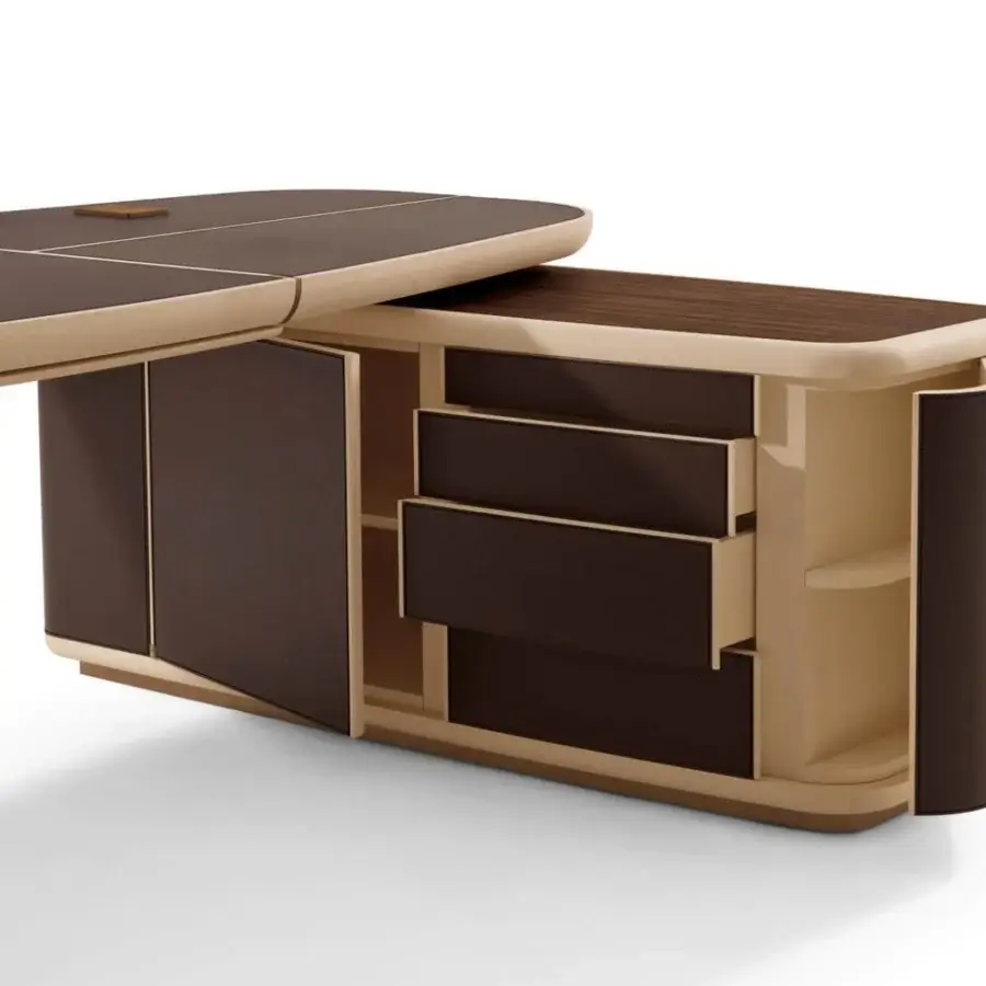Lavish Giorgetti Tycoon desk with a maple structure, saddle leather inserts and geometric top decoration
