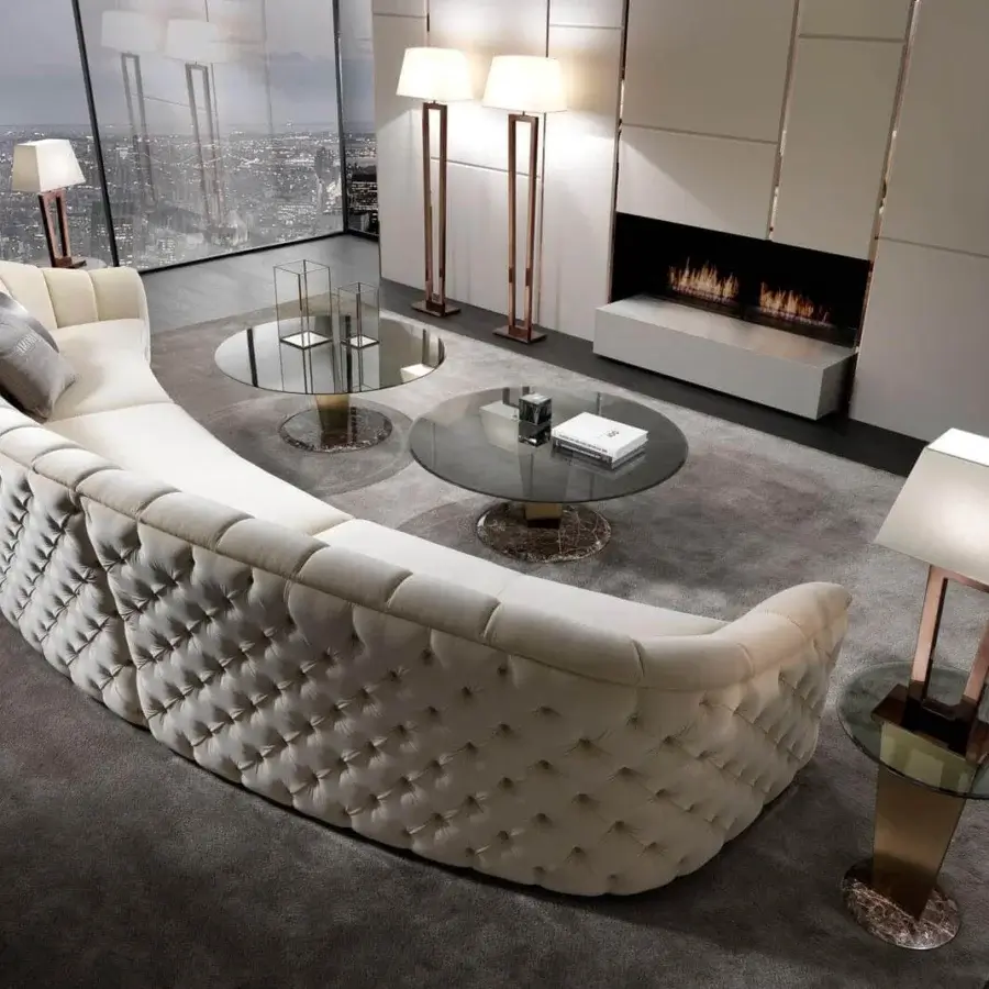 Distinguished DV Home Collection Epoque sofa crafted in Italy with light cream plush fabric and a refined tufted finish