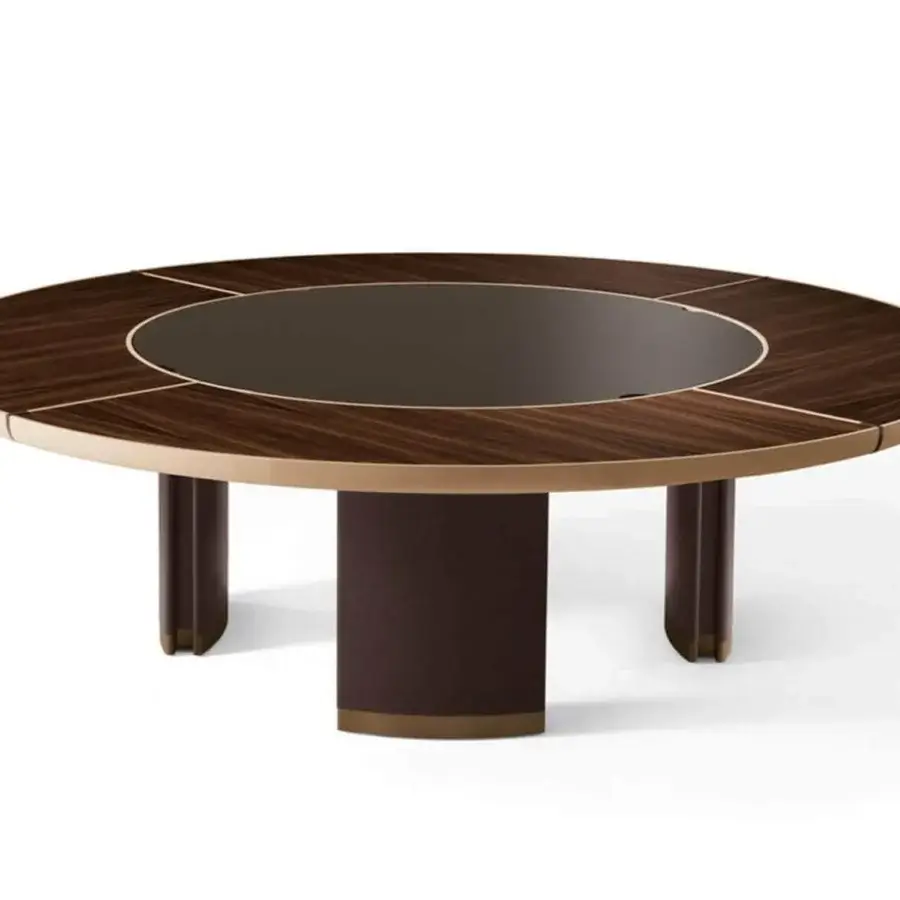 Superior Giorgetti Gordon table with a maple top, dark glass inset and saddle leather covered base crafted in bronze painted details