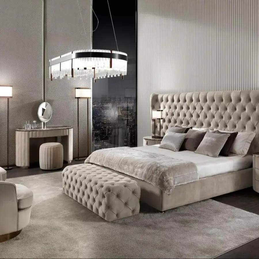 Lavish DV Home Collection Chelsea bench with solid beech wood and plush light taupe textile upholstery with refined tufting