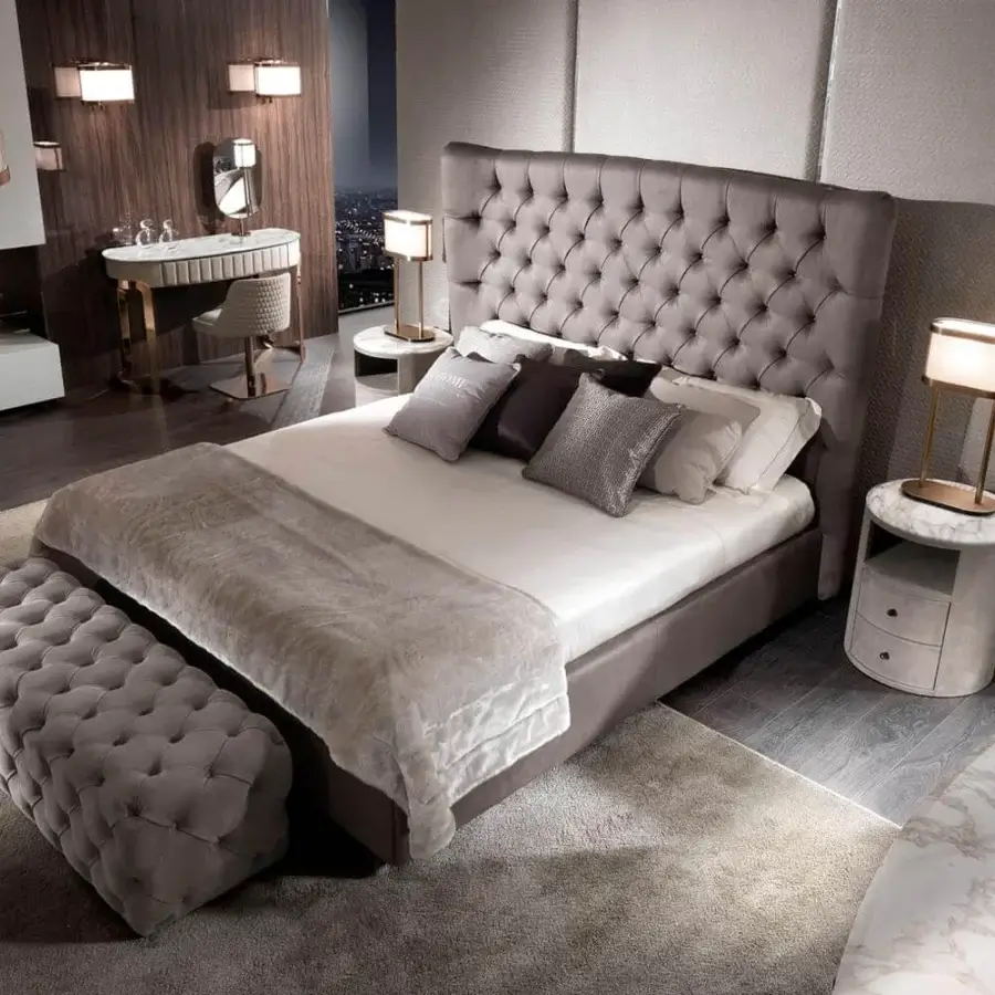 Elegant DV Home Collection Chelsea bench with solid beech wood structure and refined tufted gray textile upholstery