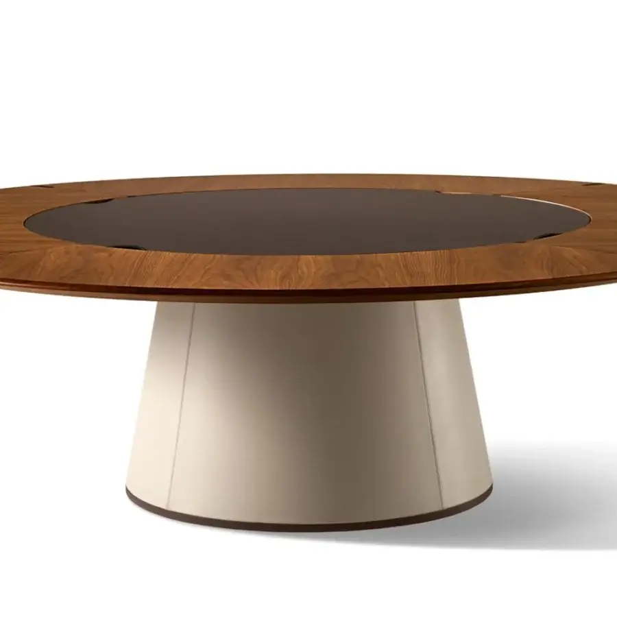Exceptional Giorgetti Fang round table with Canaletto walnut top and light beige leather-covered cylindrical base