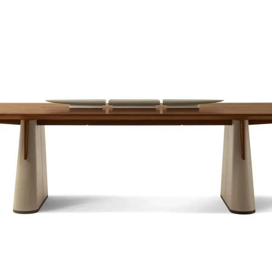 Exceptional Giorgetti Fang table crafted with Canaletto walnut and leather, presenting stone gray cold-printed glass trays