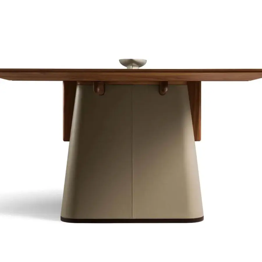 Luxury Giorgetti Fang table with Canaletto walnut and muted beige leather, showcasing a smooth matte finish