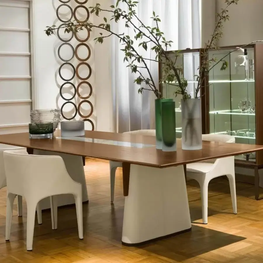 Distinguished Giorgetti Fang table crafted with Canaletto walnut and white leather, featuring a stone gray glass accent and matte finish