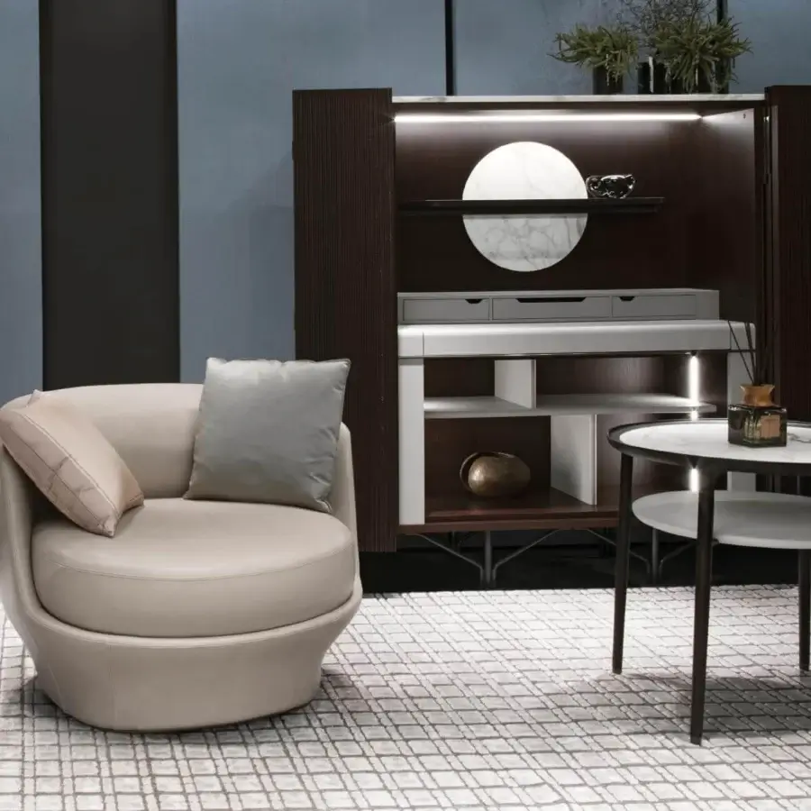 Distinguished Giorgetti Charlotte cupboard with grooved doors in Canaletto walnut and integrated lighting