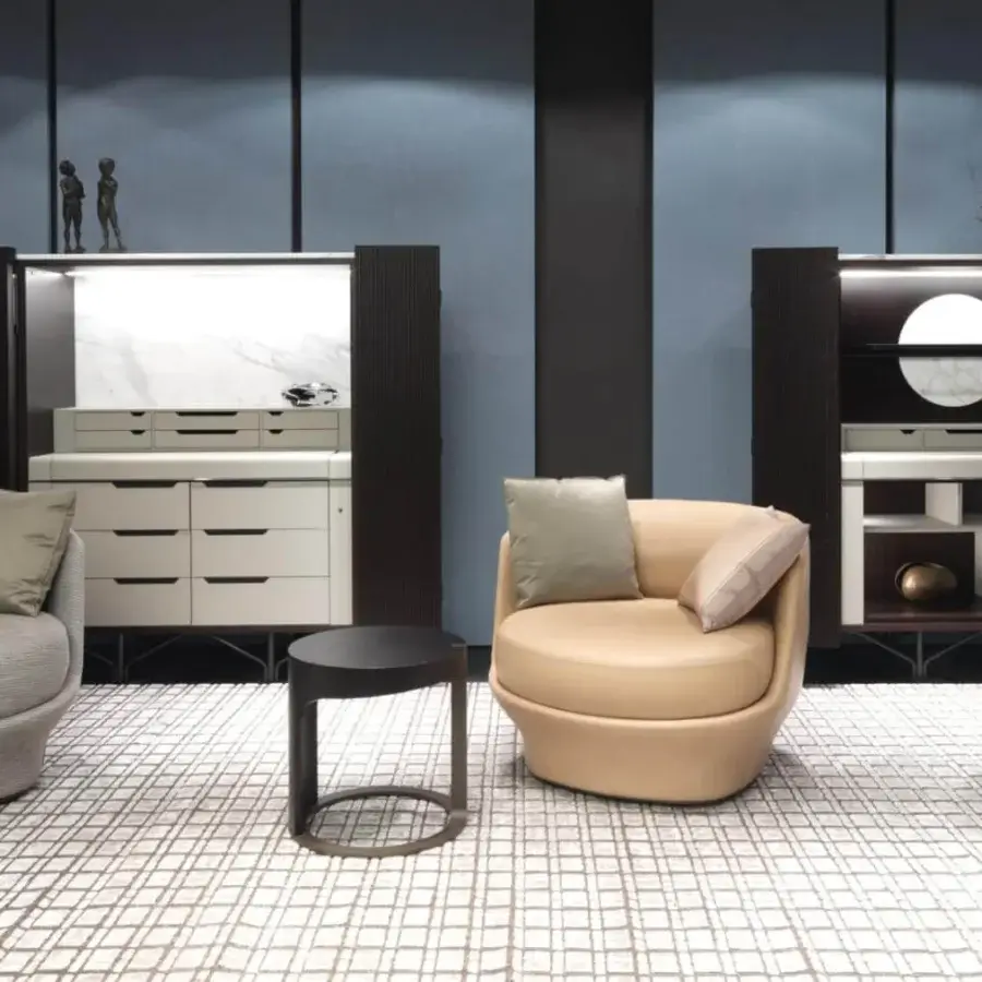 Exceptional Giorgetti Charlotte cupboard with grooved Canaletto walnut doors and contrasting off-white drawer fronts in a rich dark brown finish
