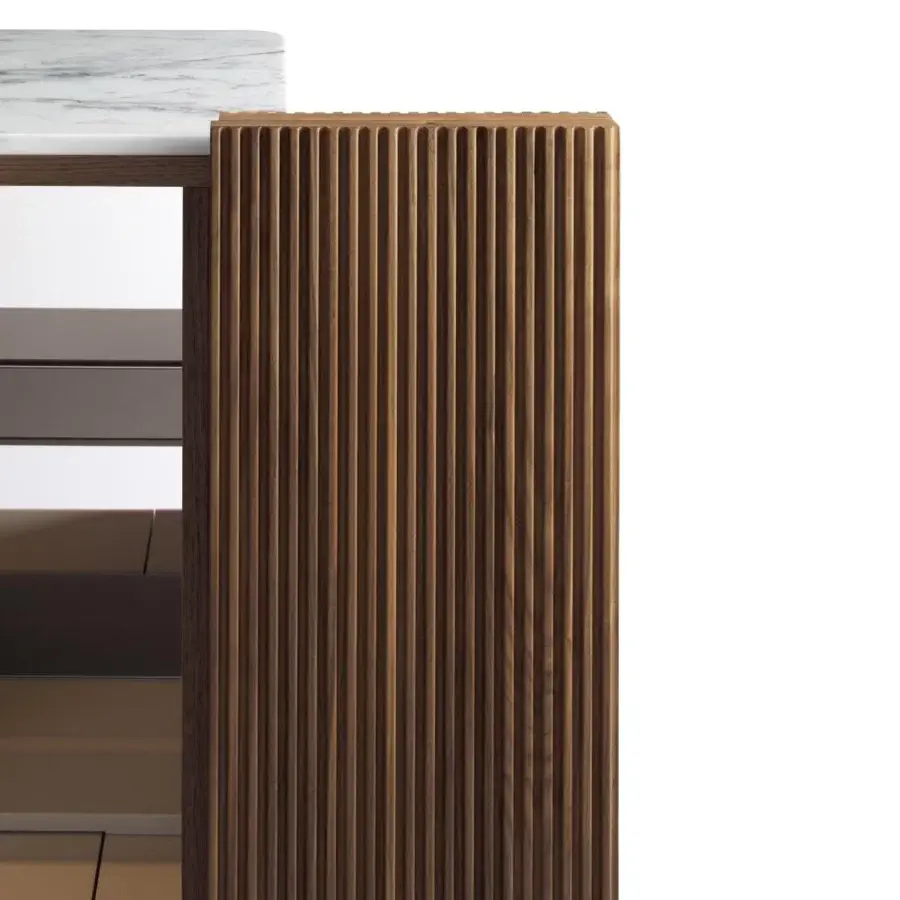 Lavish Giorgetti Charlotte cupboard built in Canaletto walnut with a marble top and grooved doors for storage