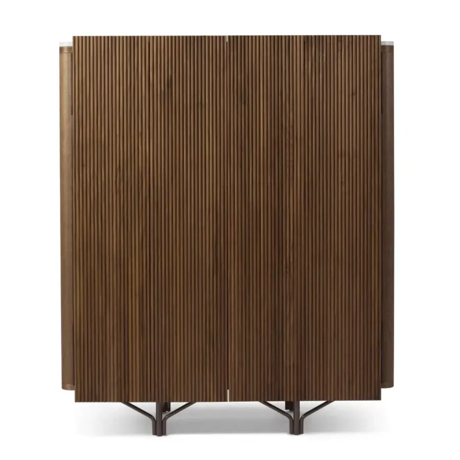 Distinguished Giorgetti Charlotte cupboard crafted in Canaletto walnut with elegant grooved wood doors and metal feet