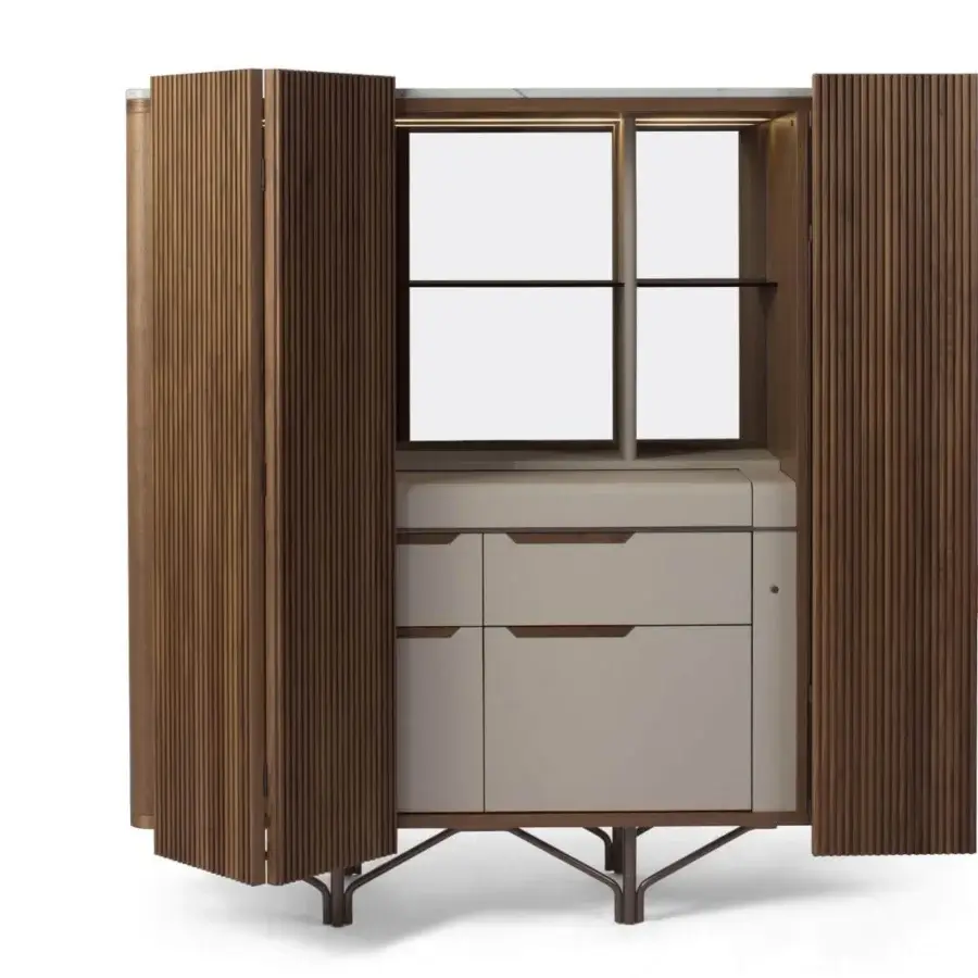 Exceptional Giorgetti Charlotte cupboard in Canaletto walnut with grooved wood doors and a dark metal base, showcasing a light beige drawer section
