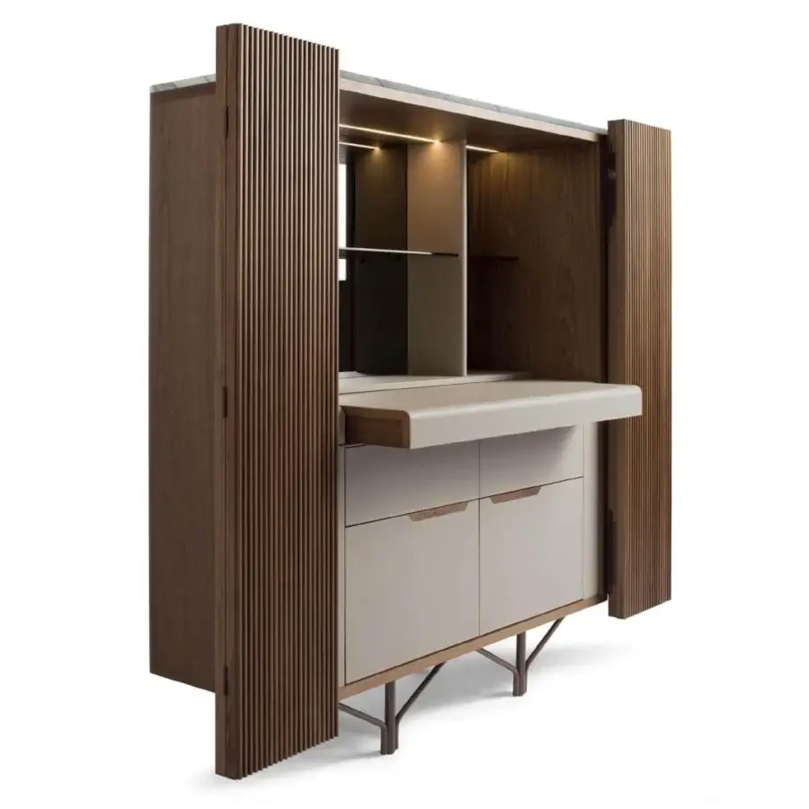 Distinguished Giorgetti Charlotte cupboard crafted in Canaletto walnut with a dynamic grooved wood door design and distinctive metal base