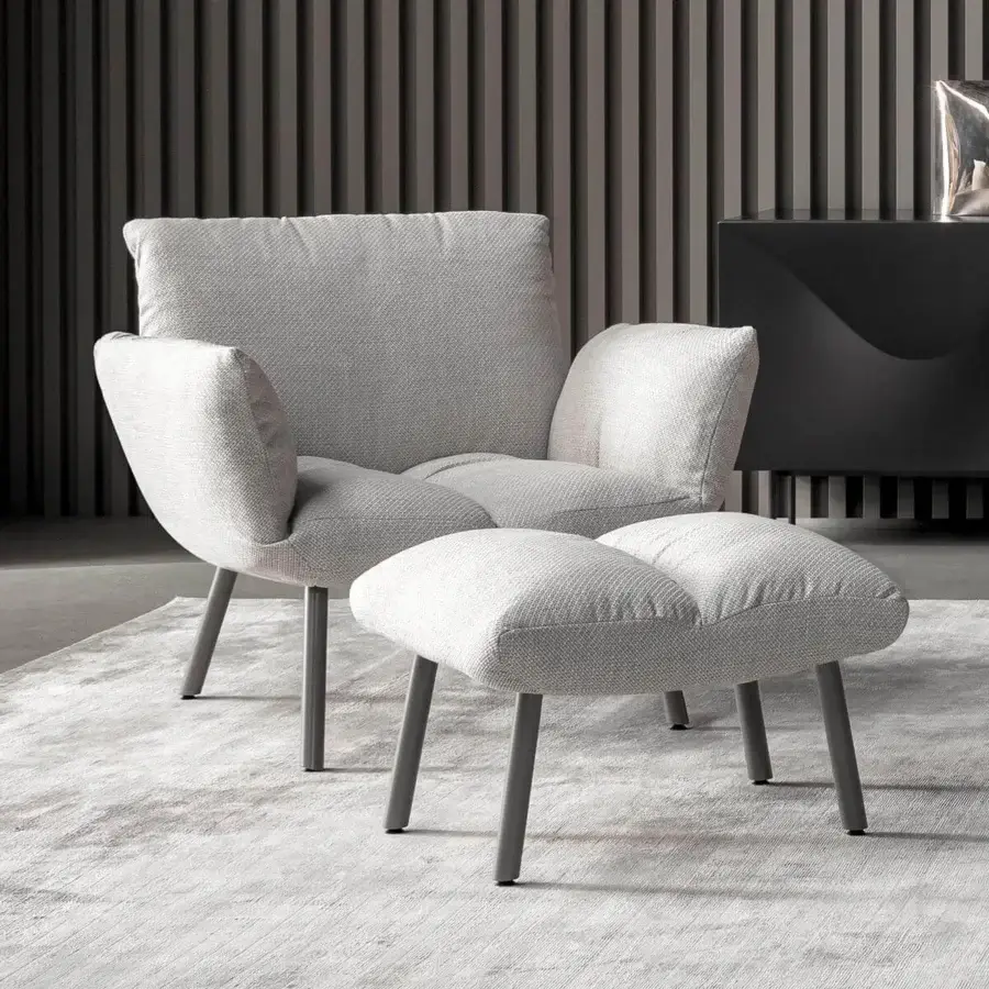 Remarkable Bonaldo Pil Lounge Chair with light gray woven fabric upholstery and sleek dark gray metal legs