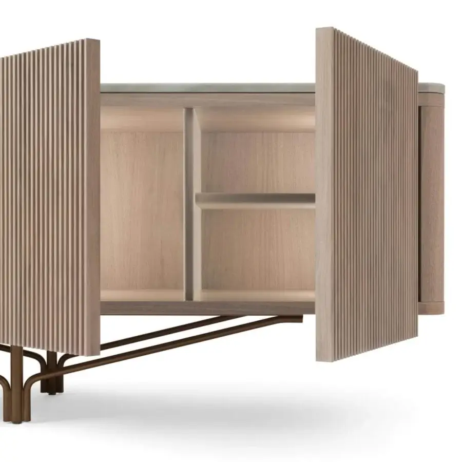 Lavish Giorgetti Charlotte sideboard crafted in Canaletto walnut with elegant grooved doors and bronze-toned metal feet
