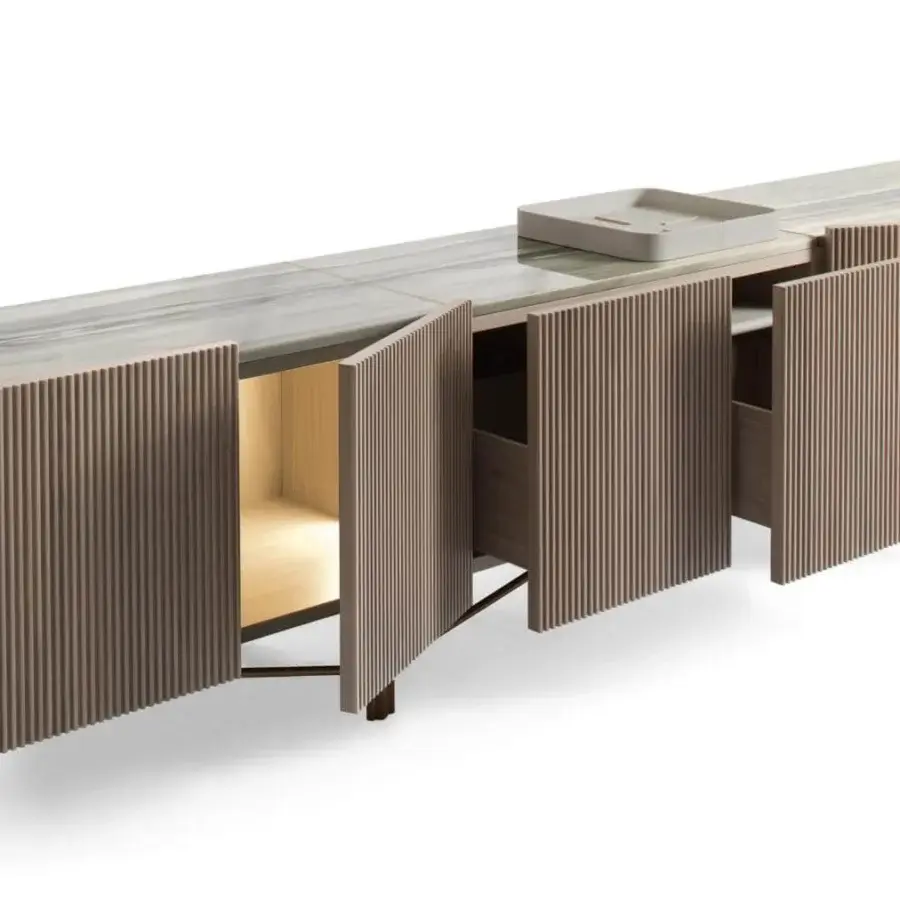Exceptional Giorgetti Charlotte sideboard in Canaletto walnut with grooved wood doors and stone-like top surface