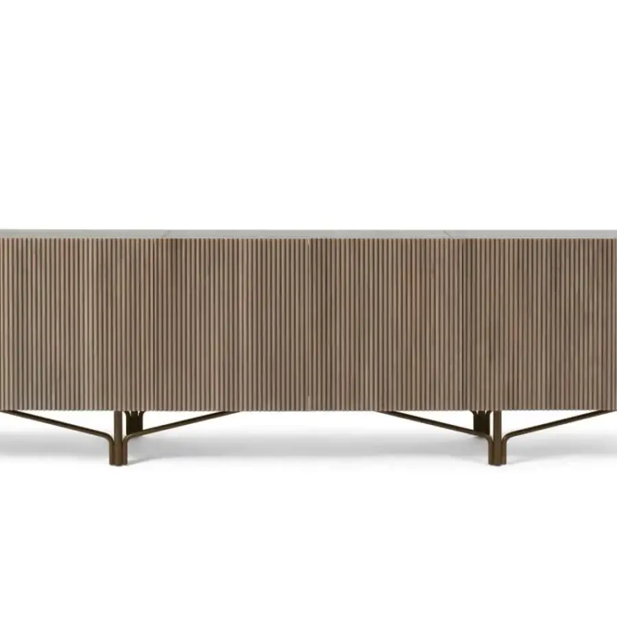Superior Giorgetti Charlotte sideboard in Canaletto walnut with a light brown finish and sleek metal base