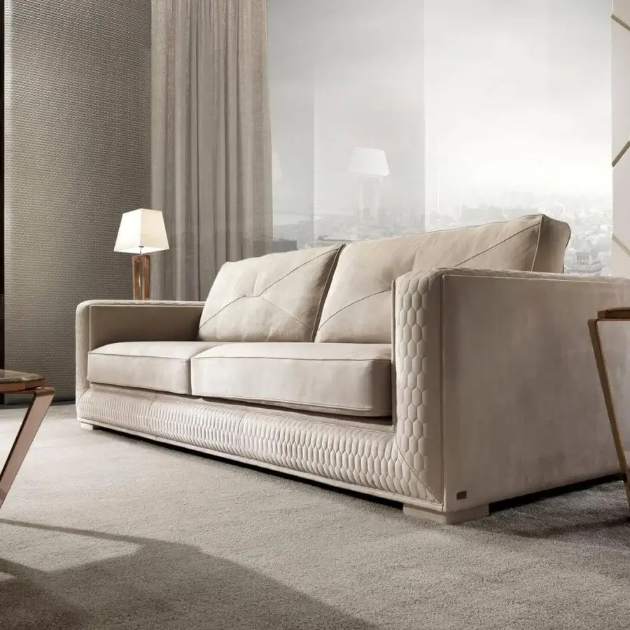 Lavish DV Home Collection Master sofa in light beige fabric with quilted honeycomb detailing and goose feather cushions