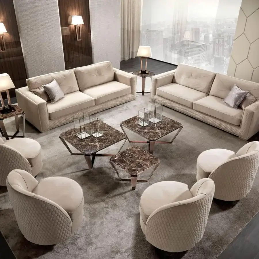 Superior DV Home Collection Master sofa with light beige textile upholstery and hexagon quilted finish