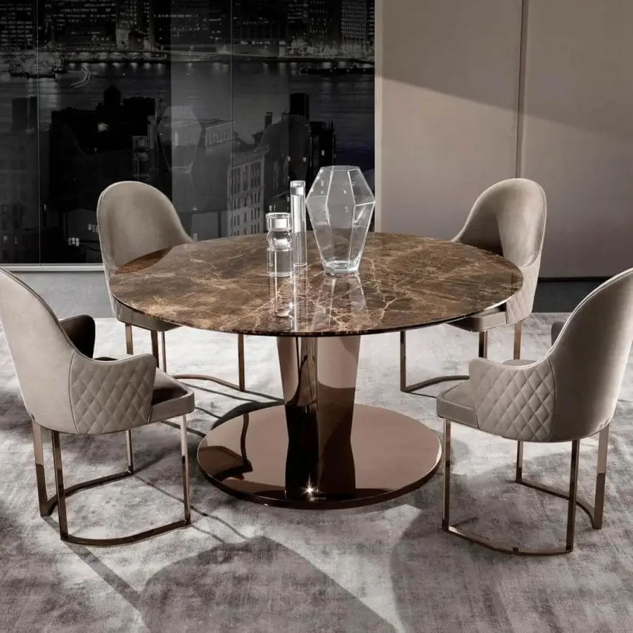 Distinguished DV Home Collection Stanley table with glossy lacquered wood and reflective bronze toned stainless steel base