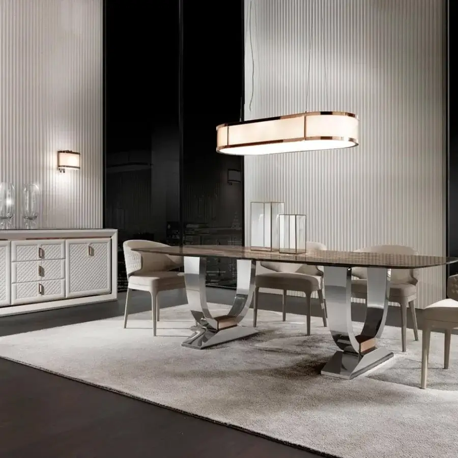 Superior DV Home Collection Hermes table with a transparent brown-toned tabletop and high-end stainless steel base
