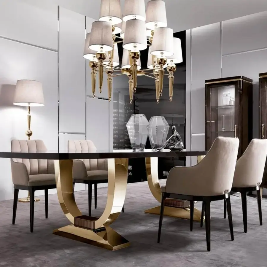 Superior DV Home Collection Hermes table with stainless steel base and dark wood tabletop in golden-toned glossy finish