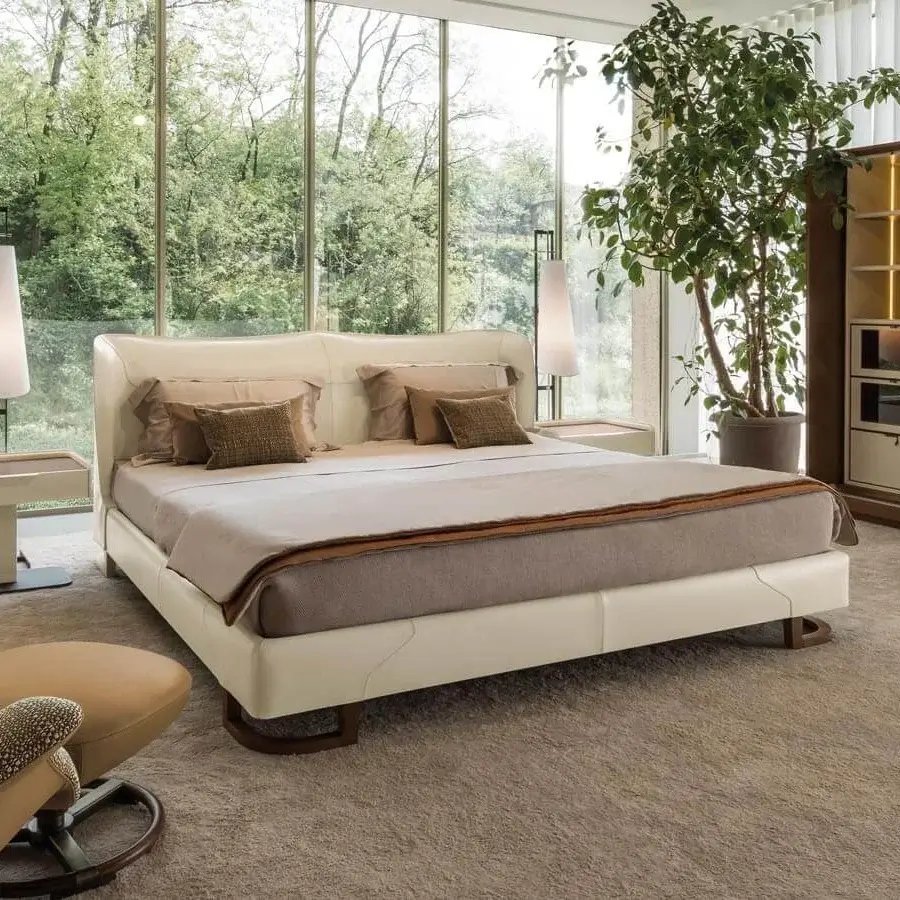 Distinguished Giorgetti Corium nightstand crafted with Canaletto walnut veneer and saddle leather, exhibiting a light beige finish